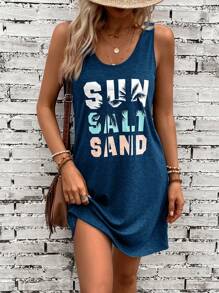 SHEIN VCAY Summer Tree & Letter Graphic Tank Dress - Navy Blue - View 5