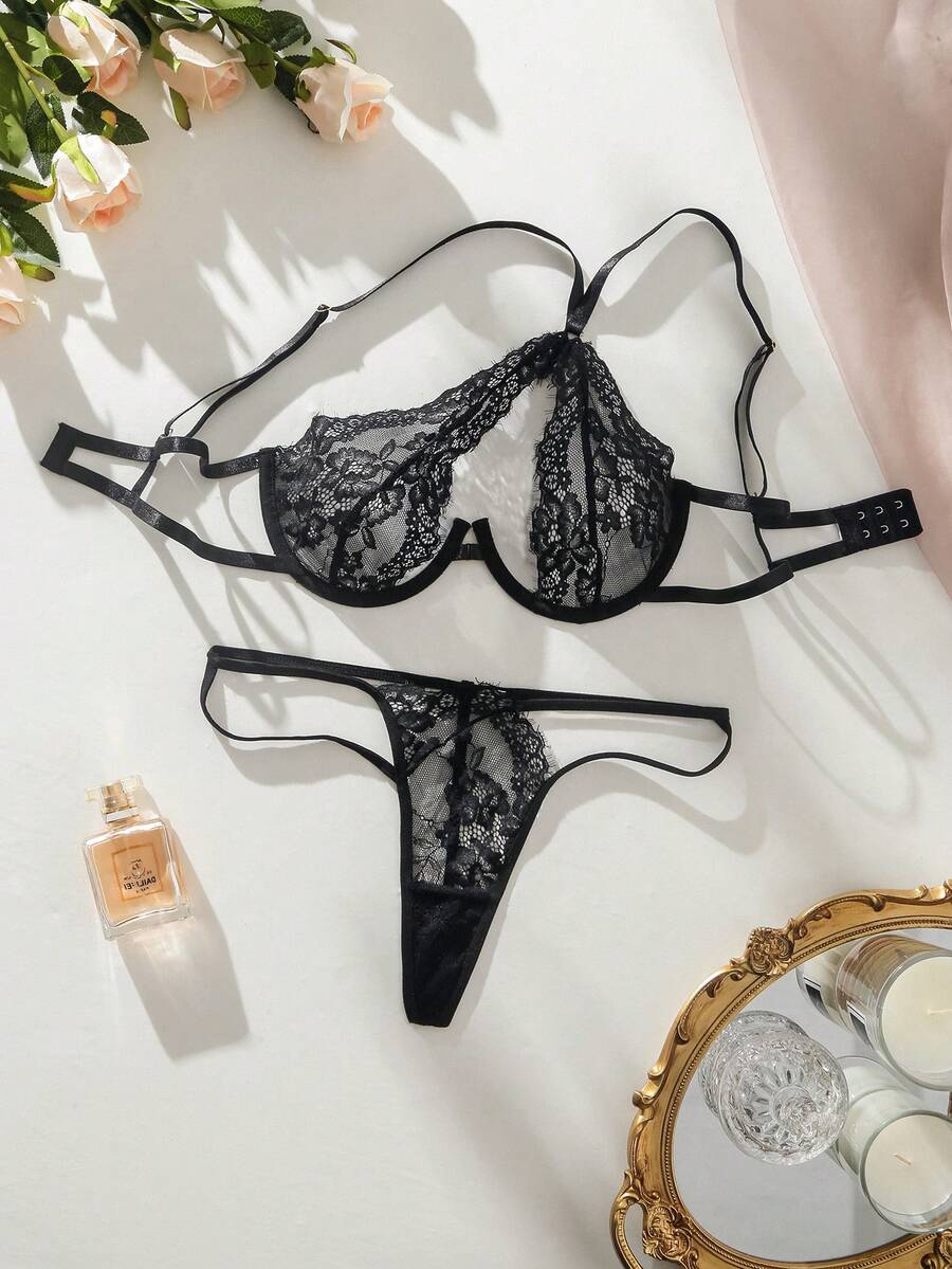 SHEIN 花卉蕾丝钢圈内衣套装 内衣套装>黑色黑色内衣套装性感内衣套装>性感套装女士性感内衣套装内衣套装聚拢 - 黑色 - 查看 1
