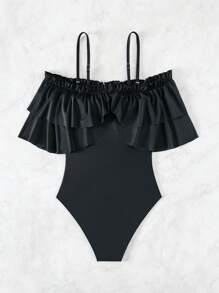 Ruffle Trim Tie Front One Piece Swimsuit - Black - View 2