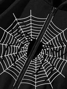 SHEIN Unity 蜘蛛網印花拉鍊保暖襯裡連帽衫 - 黑色 - 查看 4