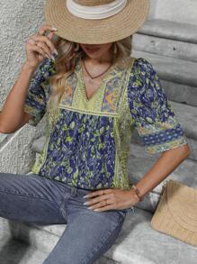 SHEIN LUNE Floral Print Puff Sleeve Blouse - Multicolor - View 5