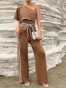 SHEIN Privé Jumpsuit mit einer Schulter frei, Kontrastsaum, Gürtel, - Braun - Übersicht 4