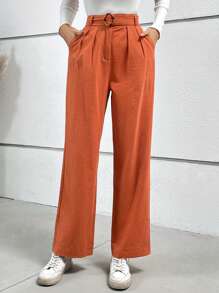 SHEIN Frenchy Chi tiết nếp Thắt lưng Quần chân thẳng - Gỗ đỏ - Xem 4