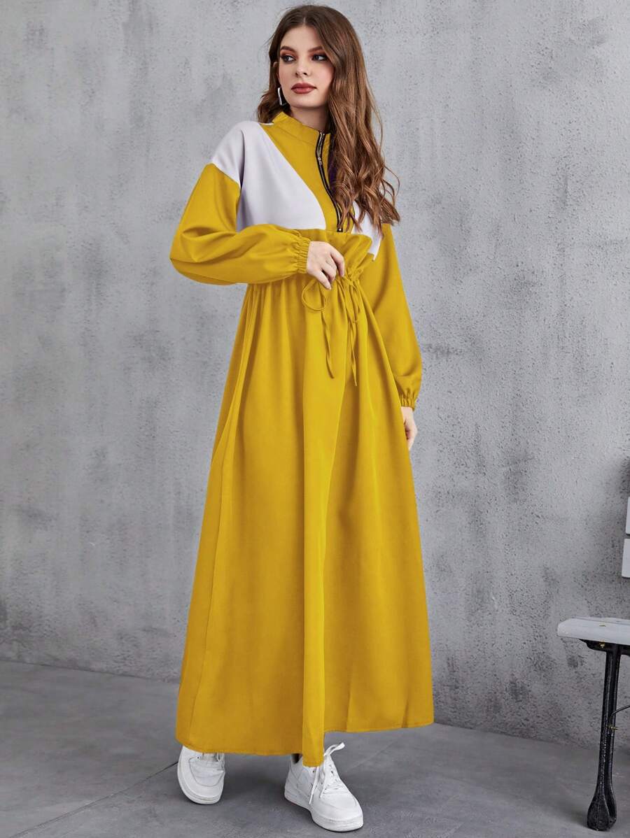 Mulvari Colorblock Drawstring Waist Drop Shoulder Dress - Yellow - View 1