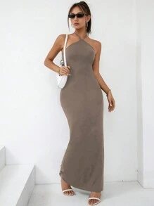 SHEIN Unity 後背繫帶高衩掛脖洋裝 - 卡其色 - 查看 6