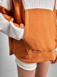 In My Nature Colorblock Half Zip Kangaroo Pocket Drop Shoulder Turtleneck Jacket - Coral Orange - View 7