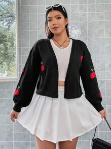 SHEIN Qutie Plus Cherry Pattern Drop Shoulder Duster Cardigan - Black - View 4