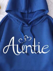 SHEIN EZwear Đồ họa Chữ cái Túi kangaroo Dây rút Áo hoodie ấm áp - Màu xanh lam - Xem 3