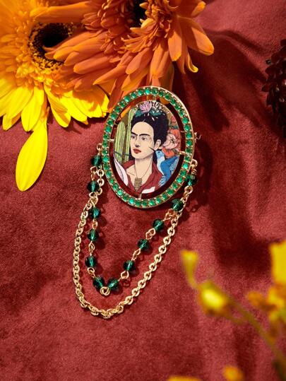Frida Kahlo X SHEIN Broche con adorno de cadena y borla con cristales, regalo