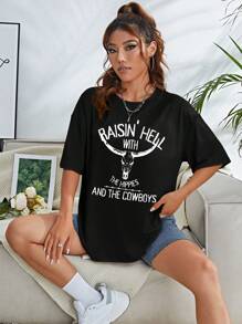 SHEIN EZwear 標語圖案落肩T恤 - 黑色 - 查看 4