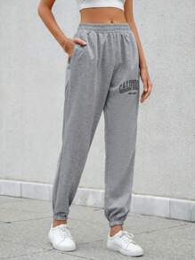RueChic Letter Graphic Elastic Waist Sweatpants - Light Grey - View 5