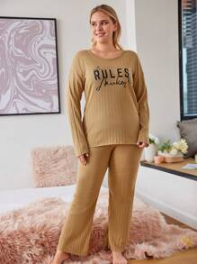 RueChic Plus Letter Graphic Drop Shoulder PJ Set - Khaki - View 4