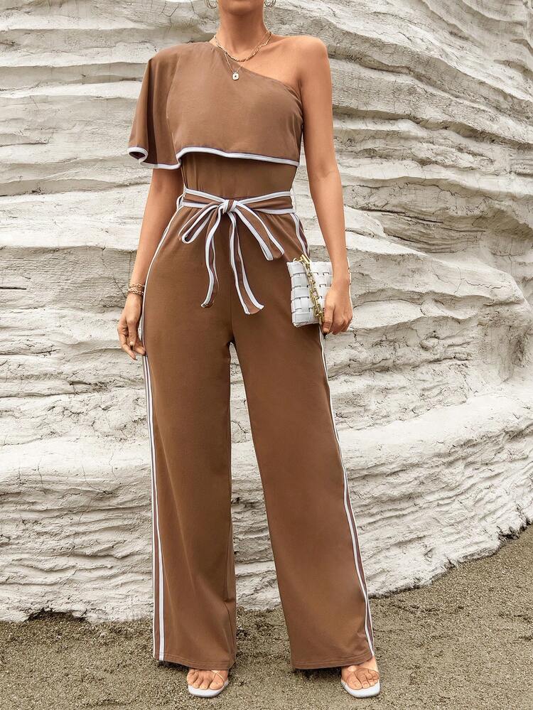 One Shoulder Contrast Binding Belted Jumpsuit