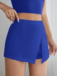 SHEIN PETITE Chất rắn Viền chia cắt Váy quần - Xanh đậm - Xem 5