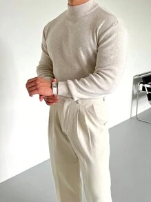 男士纯色长袖休闲高领毛衣，秋冬 - 米色 - 查看 4