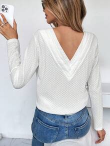 SHEIN Frenchy Chất rắn Cổ v Áo thun - trắng - Xem 5