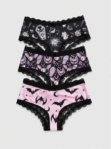 Sonchs Curiosities 3pack Cartoon Graphic Contrast Lace Panty Set - Multicolor - View 1