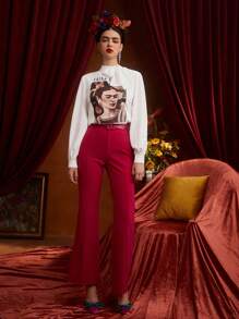 Frida Kahlo X SHEIN Đồ họa Hình & Khẩu hiệu Cà vạt Tay áo lồng đèn Áo sơ mi - trắng - Xem 6