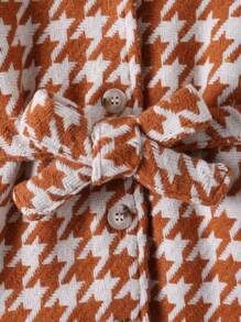 SHEIN Young Girl 1pc Houndstooth Print Borg Collar Belted Overcoat