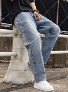 Manfinity Hypemode 男士斜口袋直筒牛仔褲 - 中等水洗藍 - 查看 5