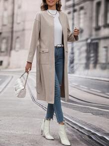 SHEIN Clasi Flap Pocket Open Front Overcoat - Apricot - View 4