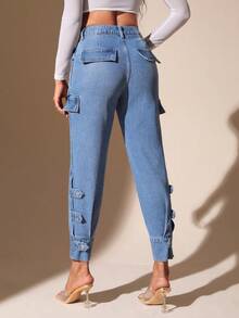 SHEIN Essnce Flap Detail Tapered Jeans - Blue - View 2