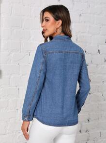 SHEIN LUNE Camisa vaquera con bolsillo con solapa y botones en la parte delantera - Azul lavado medio - Ver 3