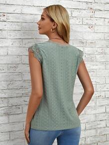 SHEIN Clasi Ren tương phản Cổ v Áo thun - Màu xanh Bạc hà - Xem 2