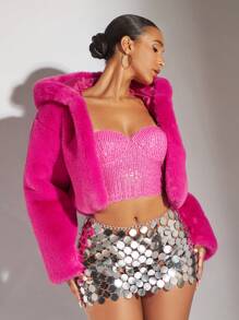 SHEIN BAE Solid Open Front Fuzzy Coat In Fall/Winter - Hot Pink - View 5