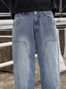 Manfinity Hypemode 男士斜口袋直筒牛仔褲 - 中等水洗藍 - 查看 4