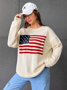 SHEIN EZwear American Flag Pattern Drop Shoulder Sweater - Multicolor - View 5