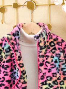 SHEIN Young Girl 1pc Leopard Pattern Zipper Teddy Jacket - Multicolor - View 6
