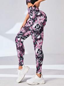 SHEIN Unity 花卉与骷髅印花宽腰运动紧身裤瑜伽女裤 - 彩色 - 查看 5