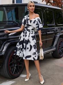 SHEIN Privé Brush Print Asymmetrical Neck Dress