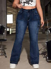 SHEIN ICON Plus Flap Pocket Side Cargo Flare Jeans - Dark Wash - View 5