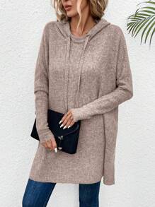 SHEIN LUNE Suéter de punto con capucha con cordón y mangas de murciélago para otoño e invierno - Caqui - Ver 3