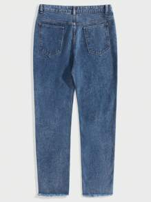 ROMWE MEN Guys Graphic Print Ripped Frayed Straight Leg Jeans - Medium Wash - View 2