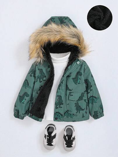 SHEIN Baby Boy Dinosaur Print Fuzzy Trim Hooded Thermal Lined Coat Without Tee