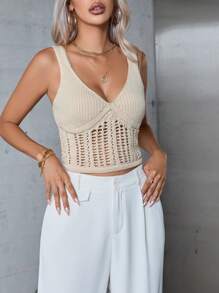 SHEIN Privé 素色網眼針織上衣 - 杏色 - 查看 6