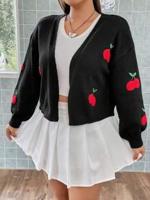 SHEIN Qutie Plus Cherry Pattern Drop Shoulder Duster Cardigan - Black - View 3