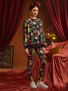 Frida Kahlo X SHEIN Floral Print Drop Shoulder Pullover & Leggings - Black - View 3