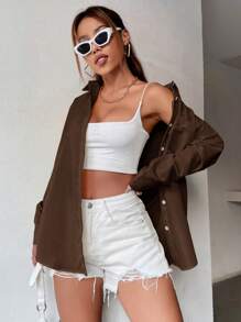 SHEIN Unity Solid Button Front Pocket Patched Shirt - Coffee Brown - View 1