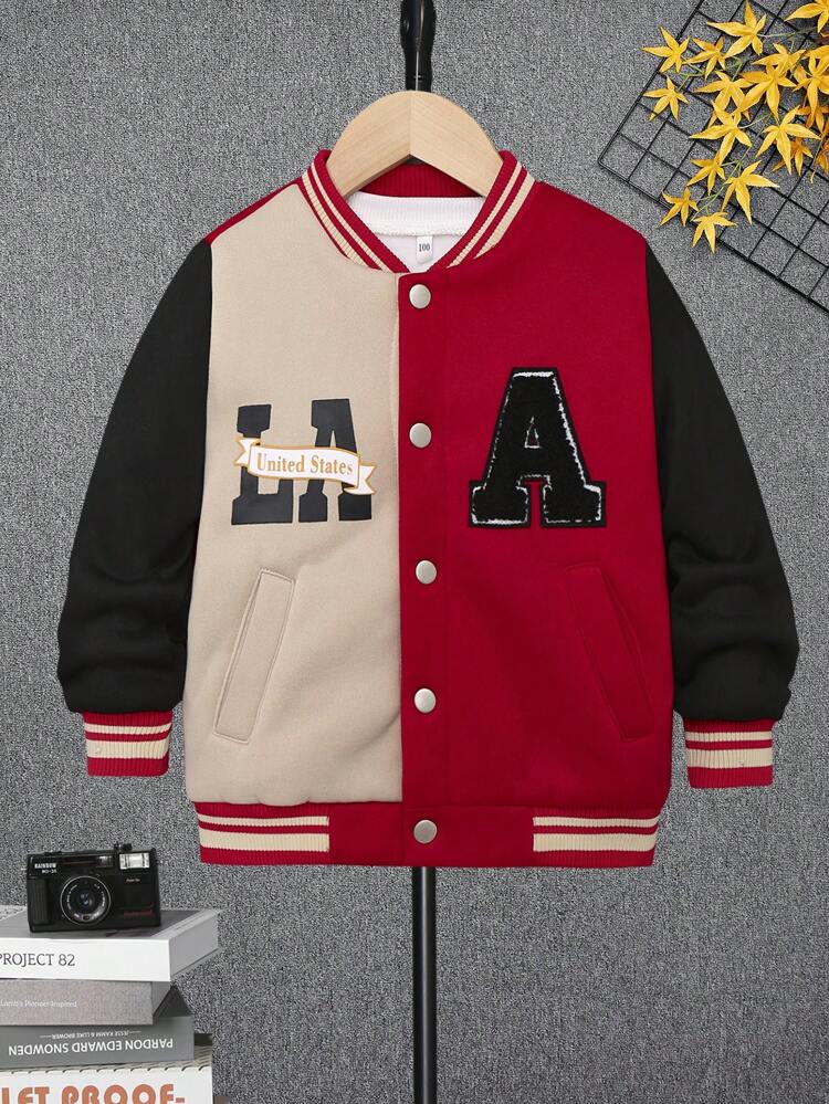 Young Boy Letter Patched Striped Trim Colorblock Drop Shoulder Varsity Jacket