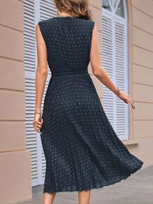 SHEIN Clasi 瑞士圆点系带领褶皱下摆连衣裙长款女装 - 藏蓝色 - 查看 2