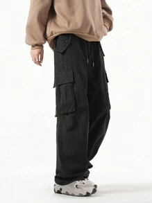 ROMWE MEN Spring Casual Graphic Men Flap Pocket Side Drawstring Waist Cargo Baggy Pants, School, For Fall - Black - View 3