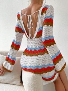 Breezaya 撞色後背繫帶網眼針織毛衣洋裝 - 彩色 - 查看 1