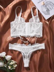 Embroidery Mesh Lace Up Lingerie Set Bridallingerie - White - View 2