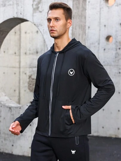 Manfinity Sport Corelite 男式动物印花拉链抽绳连帽运动夹克健身上衣运动夹克