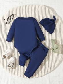 Bebé niño Body con estampado de letra con pantalones deportivos & Sombrero - Azul - Ver 2