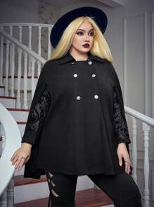 Flirla Plus Contrast Mesh Double Breasted Cape Overcoat - Black - View 6